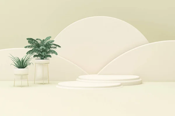 Podium Display Pastel Green Beige Background Leaves Flowers Decorative Vases — Fotografia de Stock