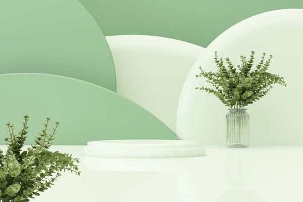 Podium Display Pastel Green Beige Background Leaves Flowers Decorative Vases —  Fotos de Stock