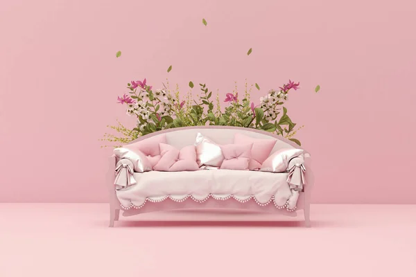 3D podium display, pastel pink background with armchair, flowers and palm leaf shadow. Minimal pedestal for beauty, cosmetic product. Holiday, feminine copy space template 3d render