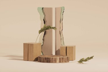3D render wooden podium, showcase with shadows on pastel background with glass wall, tropical leaves of plants. Stage showcase on pedestal display beige studio, exhibitions, presentation of products
