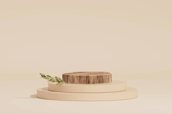 3D render wooden podium, showcase with shadows on pastel background with glass wall, tropical leaves of plants. Stage showcase on pedestal display beige studio, exhibitions, presentation of products