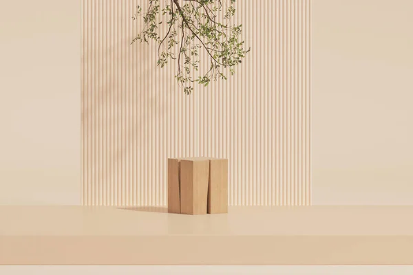 3D render wooden podium, showcase with shadows on pastel background with glass wall, tropical leaves of plants. Stage showcase on pedestal display beige studio, exhibitions, presentation of products