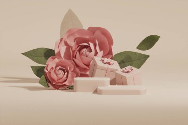 Pastel bej üzerine 3 boyutlu podyum ve gül çiçekli pembe arka plan, hediyeler. Güzellik için minimum kaide, kozmetik ürün. Sevgililer Günü, bayram, kadınsı kopya alanı şablonu 3D görüntüleme