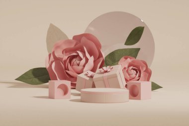 Pastel bej üzerine 3 boyutlu podyum ve gül çiçekli pembe arka plan, hediyeler. Güzellik için minimum kaide, kozmetik ürün. Sevgililer Günü, bayram, kadınsı kopya alanı şablonu 3D görüntüleme