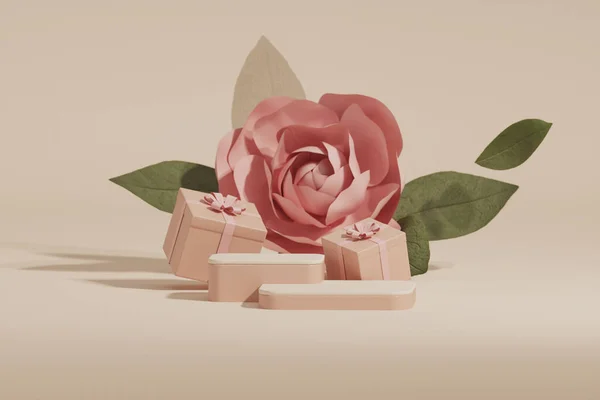 Pastel bej üzerine 3 boyutlu podyum ve gül çiçekli pembe arka plan, hediyeler. Güzellik için minimum kaide, kozmetik ürün. Sevgililer Günü, bayram, kadınsı kopya alanı şablonu 3D görüntüleme