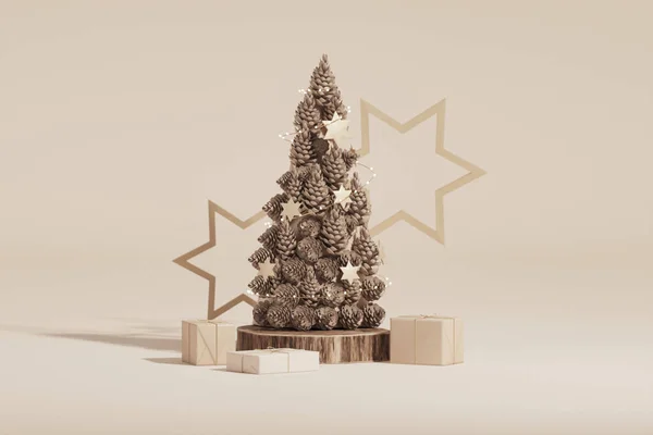 Hediyeler, çam ağaçları, podyum. Bej, beyaz renk ve altın rengi. Noel için kış tatili konsepti, dergiler, afişler, afişler. 3B görüntüleme