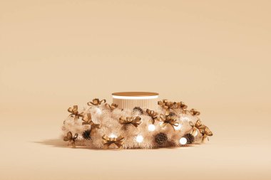 Noel süsü, ürün sunumu ya da metin için dal çelengi. Altın çerçeveli ve Noel ışıklarıyla çok az daire şeklinde bir gösteri. Kahverengi ve bej, krema kaidesi vitrini. Kış 3B görüntüleyici