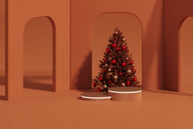 Parlayan neon ışıklı Noel ağacı, şenlikli, en az 3 boyutlu, sütun gibi gösterişli. Kahverengi fon ve yılbaşı ışıkları. Yaya gösterisi. Şimdiki Marka SancağıName.