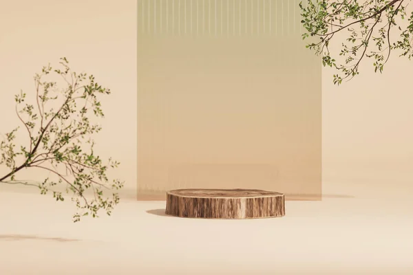 Drewniane Podium Liśćmi Natury Szklana Ściana Białym Beżowym Tle Minimalna — Zdjęcie stockowe