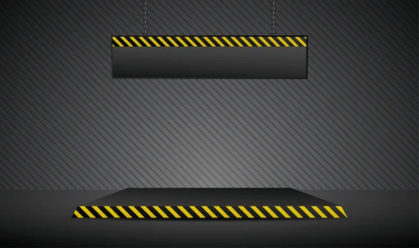 Siyah sahne 3d illüstrasyon vektöründe asılı panosu olan sarı köşegen desenli platform