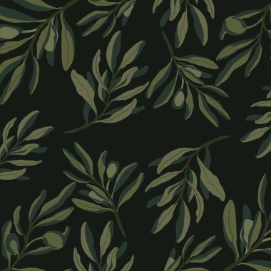 Zeytin dalı ile biçimlendirilmiş desen. Koyu yeşil arka plan ve açık yeşil yapraklar. Tekstil, duvar kağıdı ve perdeler için fikir. Dekor için çiçek süsü.