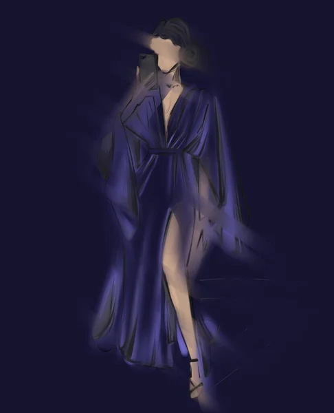 Ilustracja Mody Dziewczyny Eleganckiej Sukience Szkic Modelu Ciemnofioletowych Odcieniach Pomysł — Zdjęcie stockowe