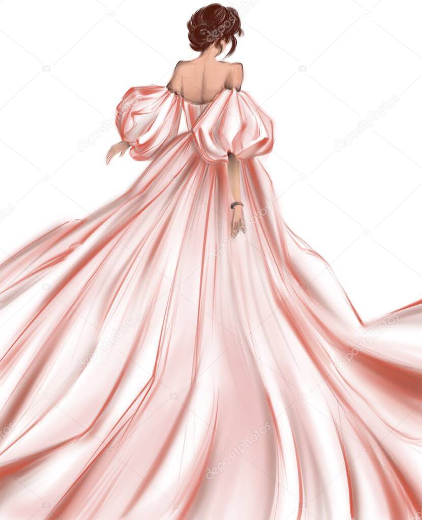 Illustration of a fashion model in a long peach dress. Bright sketch from fashion week. Stylish sketch of a girl.
