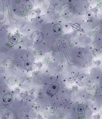 Karalama tarzında uzaylılarla kusursuz bir düzen. Çocuk odasında ilginç desenler var. Duvar kağıdı, tekstil, giysi, poster için..