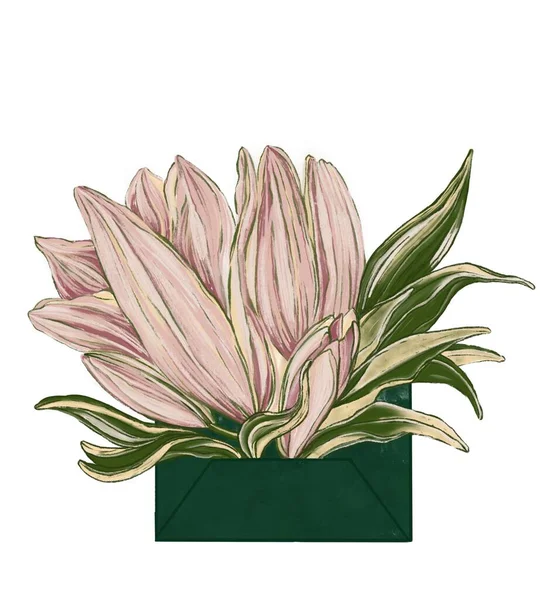 Ilustracja Zielonej Koperty Kwiatów Pomysł Pocztówkę — Zdjęcie stockowe