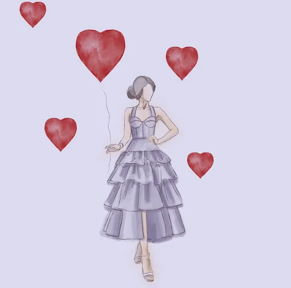 Ilustração Uma Menina Com Balões Dia Dos Namorados Ilustração Para — Fotografia de Stock