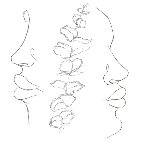 Silhouette of two halves of the face. Linear illustration. Sketches of a man\'s face.
