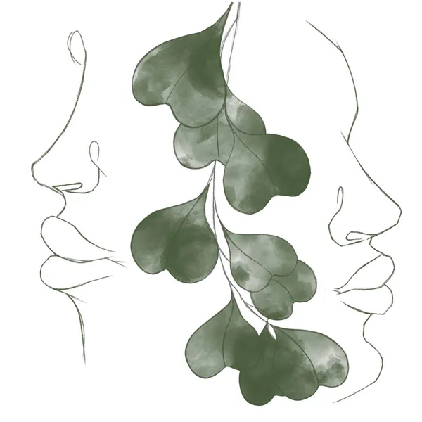 Silhouette of two halves of the face. Linear illustration. Sketches of a man's face.