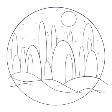 Bir arka plan çizimi. Doğrusal renklendirme. Tuhaf bir ormanın minimalist çizimi. 