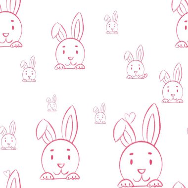 Pembe tavşancıklı kusursuz desen. Çizgilerle çizilmiş. Çocuk eşyaları, tekstil, duvar kağıdı, kitap fikirleri.