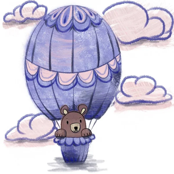 Ilustração Infantil Balão Com Ursinho Pelúcia Bonito Ilustração Tons Roxos — Fotografia de Stock
