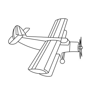 Bir uçağın grafiksel çizimi. Çizgilerle çizilmiş. Çocuk tekstil ürünleri, kartpostallar, posterler, duvar kağıtları. Bir logodaki düzlemin doğrusal çizimi.