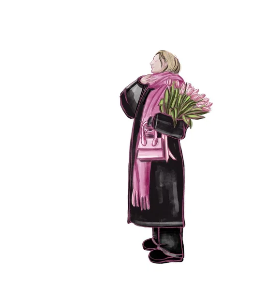 Ilustracja Mody Ręcznie Rysowane Odcieniach Czerni Różu Szkic Modelki Tulipanami — Zdjęcie stockowe