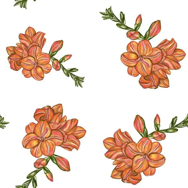 Turuncu frezyalı, kusursuz çiçek desenli. Tekstil, duvar kağıdı, kartpostallar, kıyafetler, posterler, aksesuarlar ve diğer şeyler için baskılar.