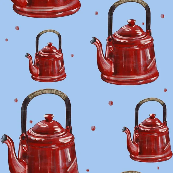 Бесшовный Узор Ярко Красными Чайниками Синем Фоне Образец Кухни Идея — стоковое фото