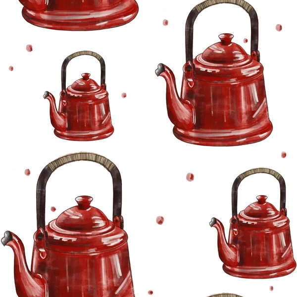 Бесшовный Узор Ярко Красными Чайниками Белом Фоне Образец Кухни Идея — стоковое фото