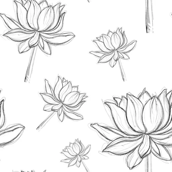 Kusursuz desenli, siyah çizgileri olan bir nilüfer çiçeği. Minimalist çiçek deseni. Tekstil, yatak, kumaş, duvar kağıdı desenleri. Paket kağıdı için yazdır.