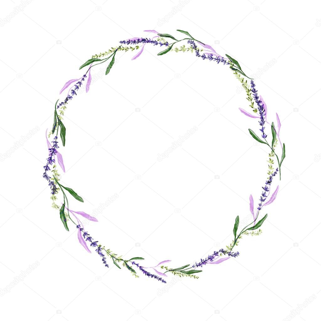 Floral frame in purple-green shades. Lavender frame for postcard, invitation or logo for the store.