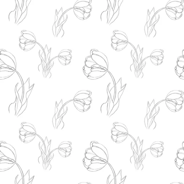 Zökkenőmentes Minta Egy Rajzolt Vonalakkal Rendelkező Tulipán Képével Nyomtatás Textilhez — Stock Fotó