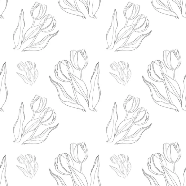 Zökkenőmentes Minta Egy Rajzolt Vonalakkal Rendelkező Tulipán Képével Nyomtatás Textilhez — Stock Fotó