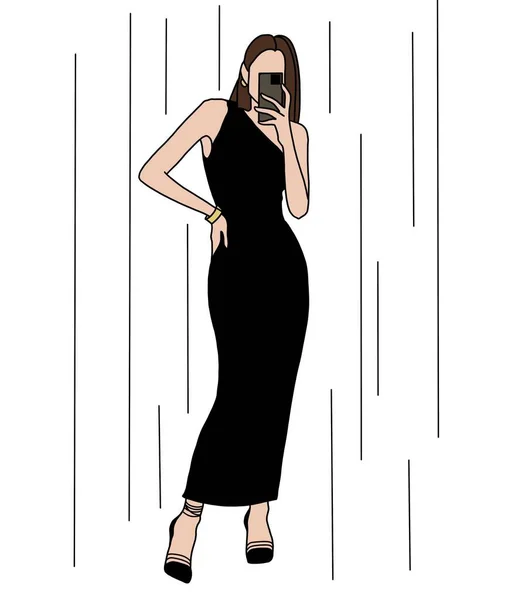 Minimalistic illustration of a woman drawn in black lines. Stylish sketch of a model in a dress. Idea for postcard, poster, logo or wallpaper on the phone.