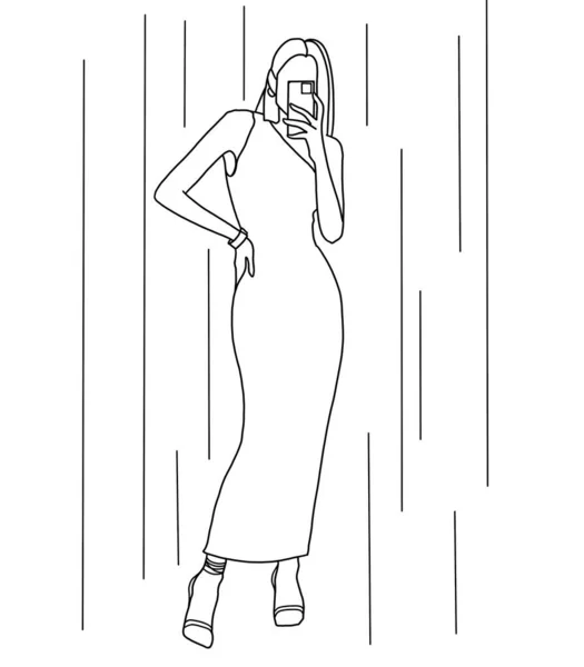 Minimalistic Illustration Woman Drawn Black Lines Stylish Sketch Model Dress — Zdjęcie stockowe