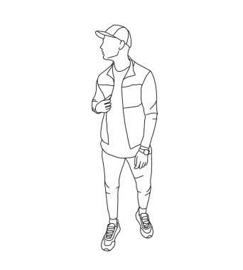 Takım elbiseli şık bir adamın minimalist çizimi. Bir dergi, kartpostal, logo için erkek modelin lineer çizimi.