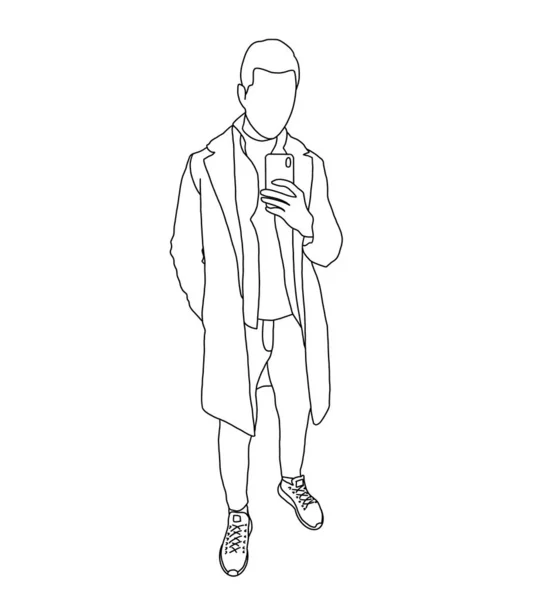 Minimalistic illustration of a stylish man in a suit. Linear sketch of a male model for a magazine, postcard, logo.