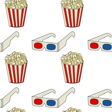Bir bardak patlamış mısır görüntüsü olan kusursuz bir desen. Sinema dekorasyonu, posterler, davetiyeler, kartlar için desen