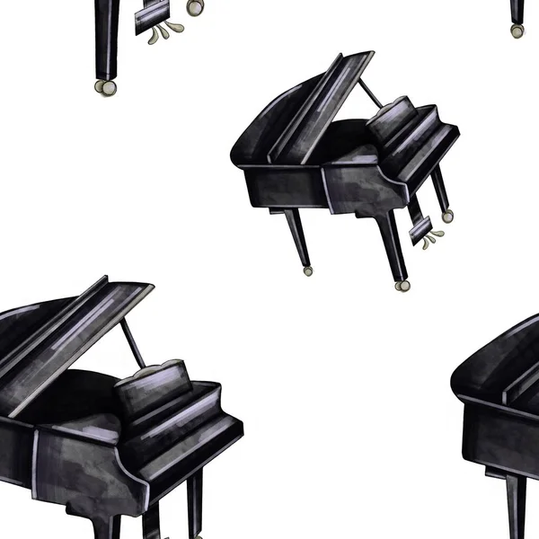 Nahtloses Muster Mit Dem Bild Eines Klaviers Klavierdruck Aquarell Stil — Stockfoto