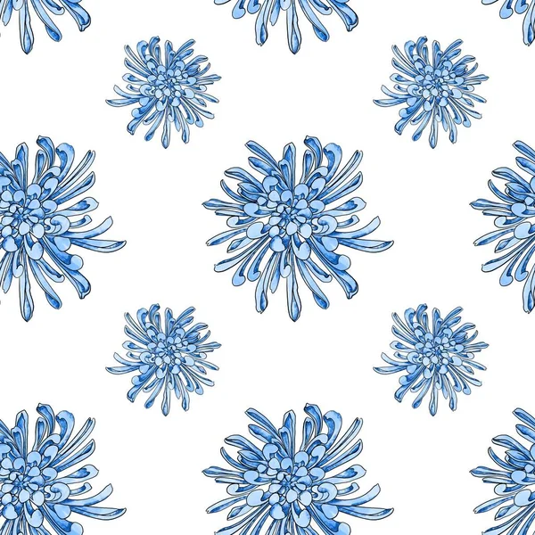 Nahtloses Muster Mit Dem Bild Blauer Chrysanthemen Druck Für Textilien — Stockfoto