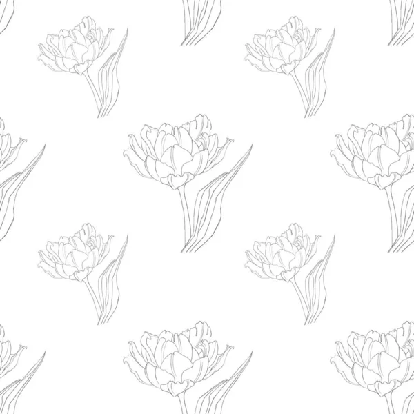 Minimalist çiçeklerle kusursuz desen. Minimalist tarzda lalelerle yazdır. Tekstil, duvar kağıdı, aksesuarlar, kıyafetler, kartpostallar, posterler, logolar için yazdır.