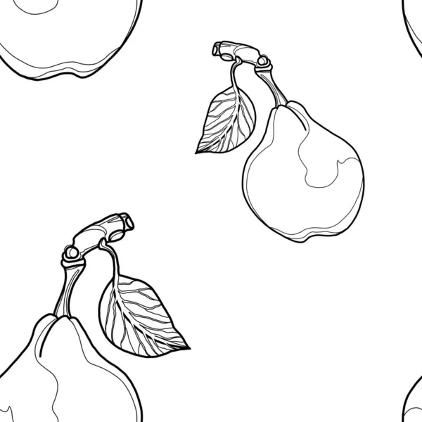 Seamless pattern with the image of a minimalistic pear. Pear print with black lines. Pattern for kitchen utensils, wallpaper, kitchen utensils, accessories.
