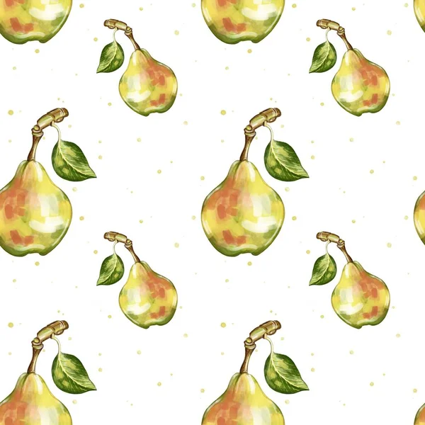 Seamless pattern with painted pears in yellow-green colors. Pattern for kitchen, textile, wallpaper, clothes, cards, posters. Print for kitchen accessories.