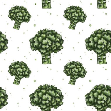 Seamless pattern with drawn broccoli in green colors. Vegetable print. Pattern for kitchen textiles, wallpaper, accessories and other kitchen appliances.