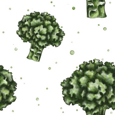 Seamless pattern with drawn broccoli in green colors. Vegetable print. Pattern for kitchen textiles, wallpaper, accessories and other kitchen appliances.