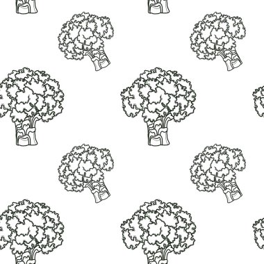 Minimalistic seamless pattern with drawn broccoli. Kitchen pattern with the image of broccoli for textiles, wallpaper, kitchen appliances.