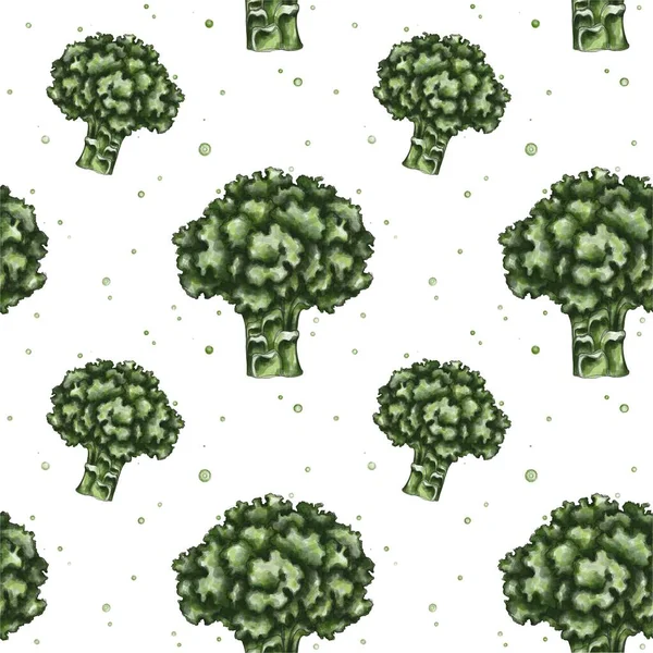 Seamless pattern with drawn broccoli in green colors. Vegetable print. Pattern for kitchen textiles, wallpaper, accessories and other kitchen appliances.