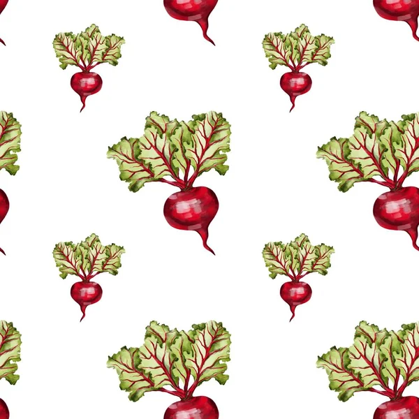 Seamless pattern with drawn beets in green and red colors. Pattern for kitchen textiles, wallpaper, and other accessories. Print for clothes, posters, cards. Logo for a vegan shop.