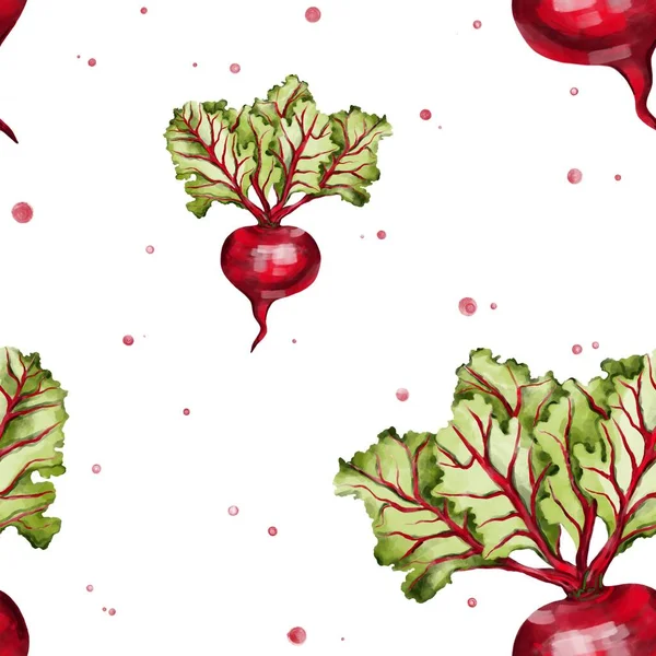Seamless pattern with drawn beets in green and red colors. Pattern for kitchen textiles, wallpaper, and other accessories. Print for clothes, posters, cards. Logo for a vegan shop.